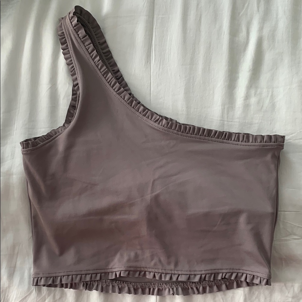 One-Shoulder Ruffle Trim Top - Gray - Picture 2 of 3